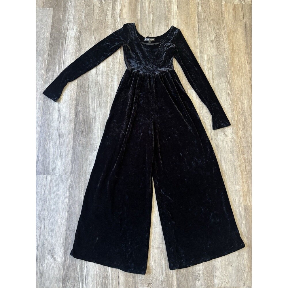 VTG 90s BETSEY JOHNSON Black Velvet Wide Leg Jumpsuit Long Sleeve Goth Size S